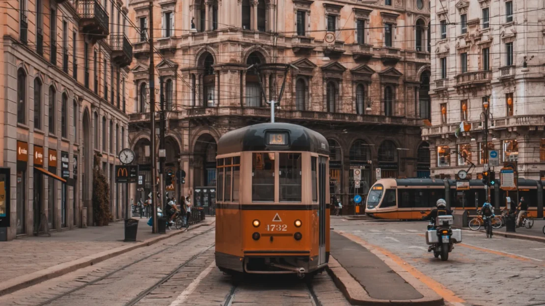 un tram al centro di Milano, tra palazzi d'epoca